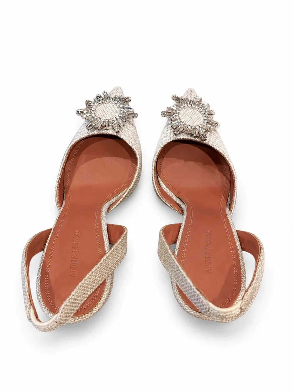 Amina Muaddi Begum Slingback Pumps Crystal Beige Linen Fabric Heels EU 41 US 11